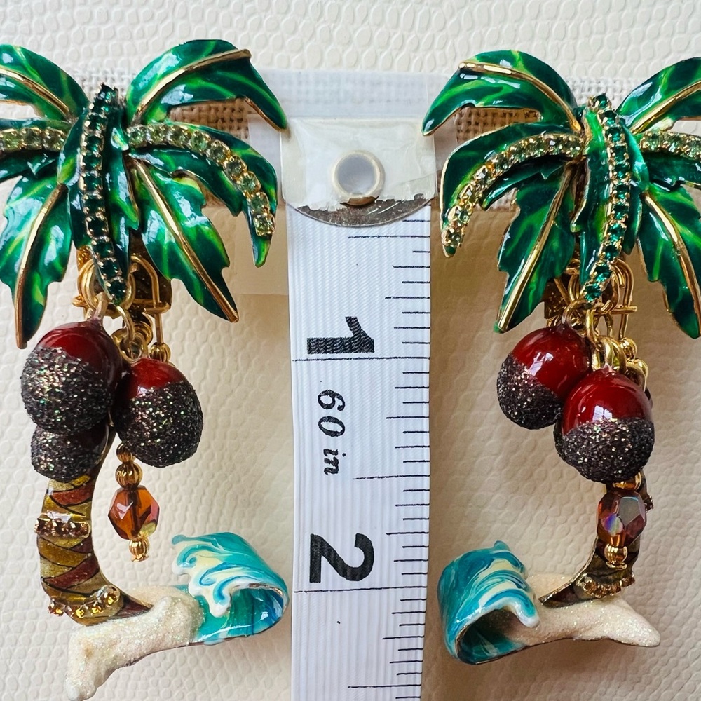 Lunch at the Ritz Tropical Palm Tree Earrings. Enamel, and crystals. Vintage Y2K